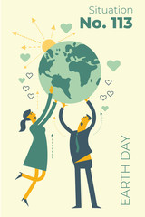 Ecological illustration. Earth day. Man and woman hold planet Earth in their hands. Care and love planet. Ecological thinking. Take Care Of Land. Concern for environment. Planting trees. ECO activist.