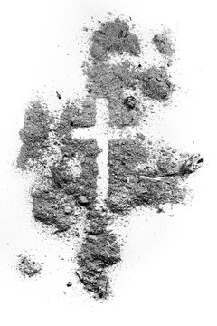 Ash wednesday cross made of ash or dust, as christian faith, lent or religion holiday concept. Jesus Christ suffer on crucifix pain metaphor