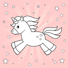 Cute cartoon unicorn. Black and white vector illustration for coloring book on pink background