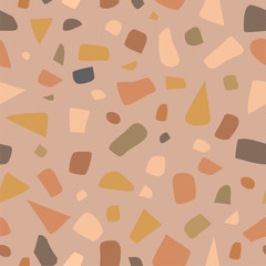 Bright Terrazzo Seamless Pattern. Abstract Terrazzo design in beige natural colors. Terrazzo seamless patterns. Trendy abstract repeat design. Vector abstract background with chaotic stains.