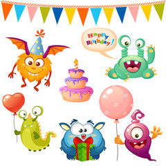 Set of cute cartoon monster. Happy birthday monsters party