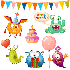 Obraz premium Set of cute cartoon monster. Happy birthday monsters party