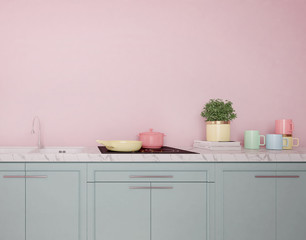 Fototapeta na wymiar Modern kitchen interior with pastel color,marble countertops with sink and pastel tea cup. 3d rendering mock up