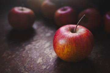 Organic grown, imperfect, fresh, shiny red apples, one in front, on a table and light coming from window
