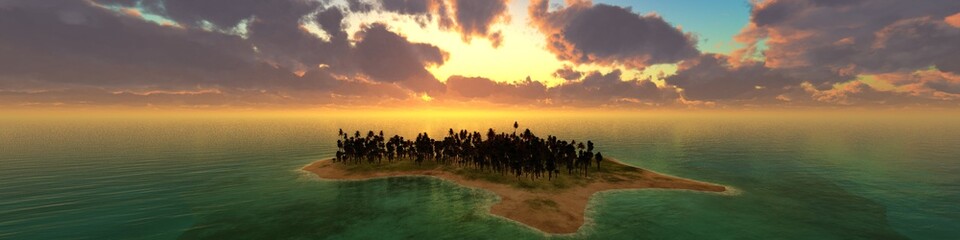 Fototapeta na wymiar Beautiful sunset over a tropical island, panorama of sea sunset beach with palm trees, 3D rendering