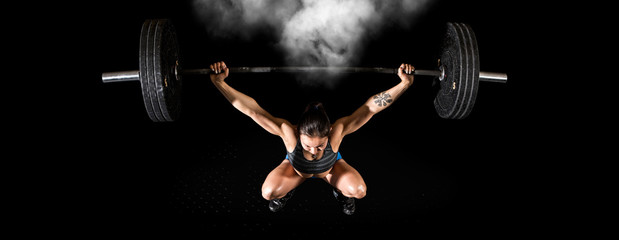 Woman workout with barbell. Sports banner