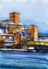 Venice traditional architecture watercolor hand drawn illustration