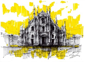 Milano Duomo Cathedral hand drawn ink illustration