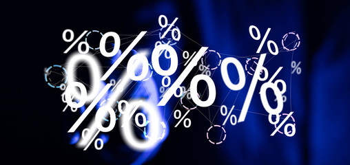 hand touches virtual percent icon