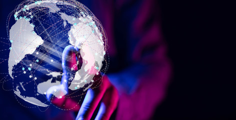touching global network and data exchanges over the world 3D rendering