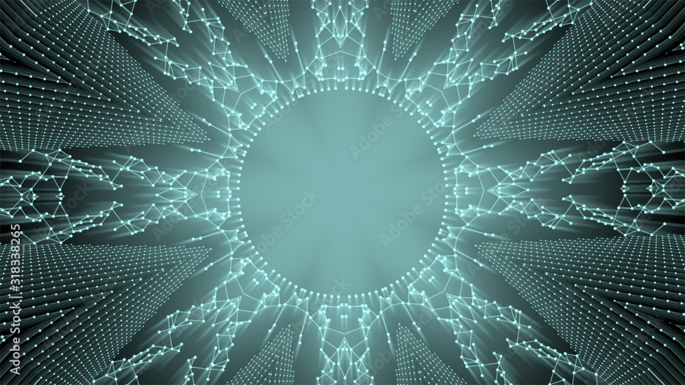Poster illuminating pattern glittering in turquoise color, looking as endless source of energy and inspirat