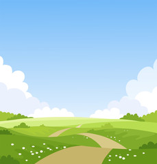 Beautiful spring landscape, banner with green fields and meadows. Summer natural background with place for text, green grass, road, clouds, sky. Sunny park. Vector illustration