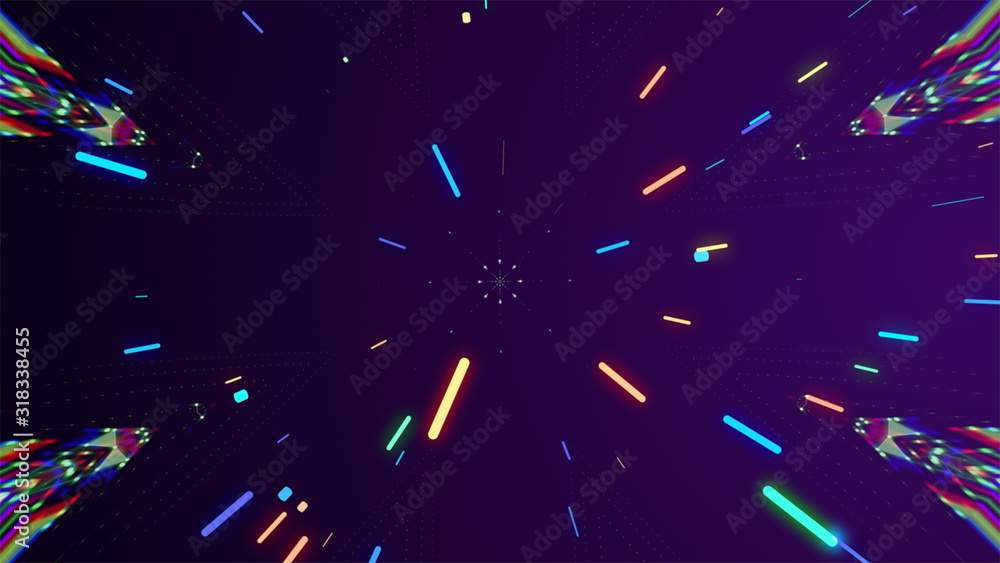 Poster multicolored neon glowing rays in tunnel motion with translucent bokeh particles zooming in.