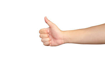 Close up of Asian men hands that showing thumb up sign isolated