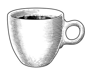 Coffee mug illustration, drawing, engraving, ink, line art, vector