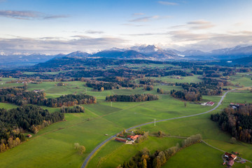 Aerial view Autumn landscape in Bavaria near Miesbach. Road going into the distance and the peaks of the Alps on the horizon. Yellow trees and green field