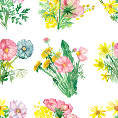 Watercolor hand painted nature floral meadow seamless pattern with pink acacia, Arnica, wormwood, blue Daisy, yellow dandelion flowers bouquets isolated on the white background, lovely print for cards