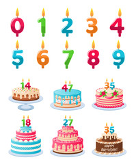 Cakes with candle numbers. Anniversary birthday cake with candles, colorful delicious desserts, celebration chocolate cupcakes vector set