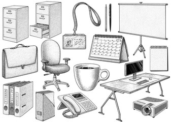 Office equipment collection, illustration, drawing, engraving, ink, line art, vector - 318339044