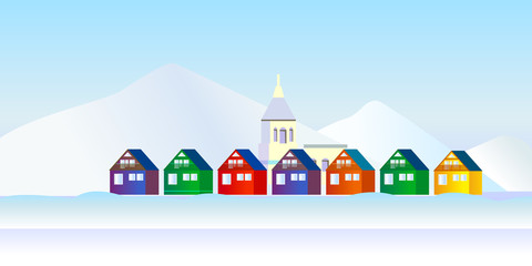 Flat style northern city landscape illustration with a small Town houses Church in the snow and mountains