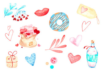 Set of images, bag of hearts, donut, hearts, love drink, romantic set. The individual elements of watercolor painting.