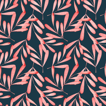 Seamless pattern,  red leaves, watercolor painting, color background.