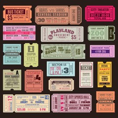 Cinema or theater ticket set. Vintage invite tickets with stamp, retro voucher for museum or concert event isolated vector design - obrazy, fototapety, plakaty