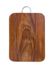 Handmade walnut wood cutting board with metal handle, isolated on a white background, top view.