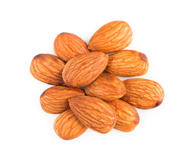 Heap of almonds nuts isolated on white background, top view, close up.