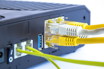 Modem adsl and ethernet cables connection - obrazy, fototapety, plakaty