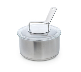Stainless steel pan with metal handle and a glass cover isolated on a white background