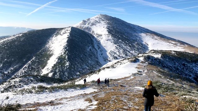 Winter Mountain Landscape At A Sunny Day With Fog In The Valleys close to Chleb mountain, Snilovske sedlo, Mala Fatra, Slovakia, 4k footage video