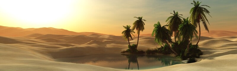 Fototapeta na wymiar Beautiful desert oasis, sand desert with a pond and palm trees, 
