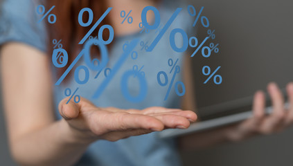 hand touches virtual percent icon