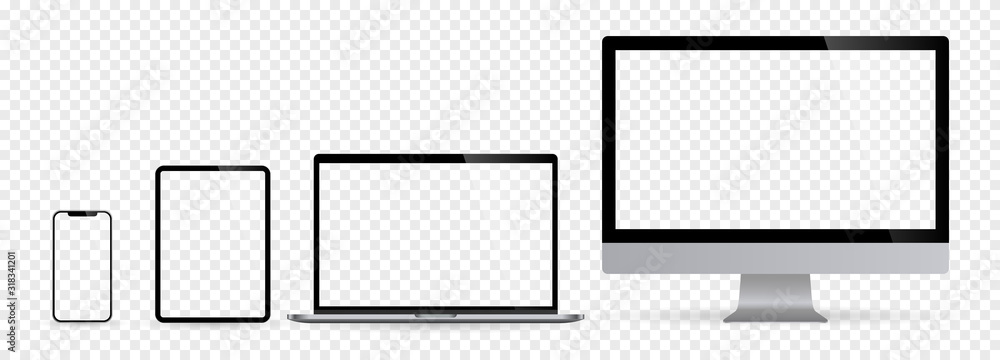 Poster realistic set of computer monitors desktop laptop tablet and phone with checkerboard screen and back