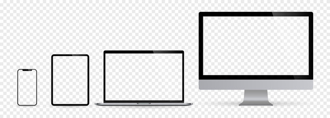 Realistic set of computer monitors desktop laptop tablet and phone with checkerboard screen and background. Isolated illustration vector illustrator Ai EPS