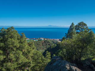 View on beautiful lush lanscape from hiking trail Barranco de la Madera with pine tree forest and sea on Santa Cruz de la Palma, blue sky. La Palma Island, Canary Islands, Spain © Kristyna