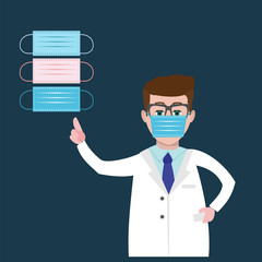 Doctor wearing a medical mask and pointing to it with her finger