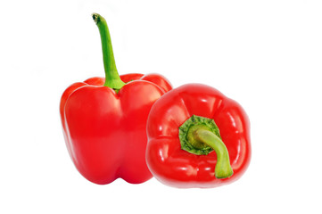 Two red sweet paprika peppers top view isolated on white for design packaging