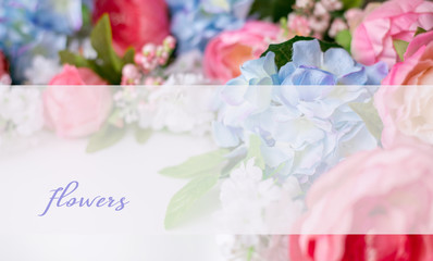 Flower frame, banner. Postcard with blue and pink flowers: hydrangea, peonies on a white background. Space for text