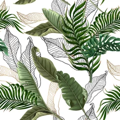 Papier Peint photo Feuilles tropicales Modèle sans couture avec des feuilles tropicales sur fond blanc. Vecteur.