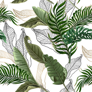Seamless pattern with tropical leaves on white background. Vector.