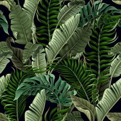 Tapeten Nahtloses Muster mit tropischen Blättern auf schwarzem Hintergrund. Vektor. © Yumeee
