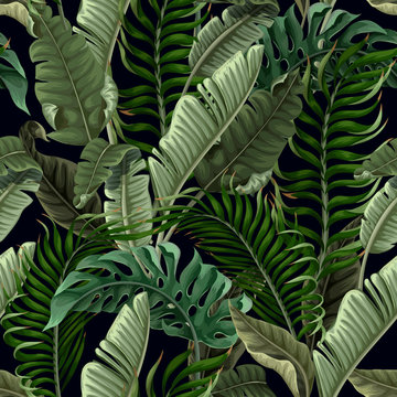 Seamless pattern with tropical leaves on black background. Vector.