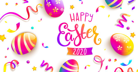 Easter party greeting card. Happy holiday with beautiful painted eggs, confetti. Great for greeting poster, ad, promotion, flyer, web-banner, article. Spring Celebration Design. Vector illustration.