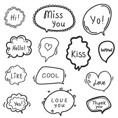Hand drawn infographic elements on isolation background. Set of think and talk speech bubbles on white. Black and white illustration