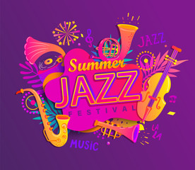 Poster for summer jazz musical festival with classic music instruments - cello, cornet, tuba, clarinet, saxophone on splash with tropical leaves. Vector illustration for music events, jazz concerts.