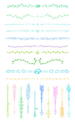 Colorful dividers on white. Bow arrow. Set of different rustic arrows with tribal ornaments