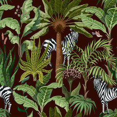 Seamless pattern with tropical trees and zebra. Vector.