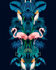 Plakaty  Bezszwowa granica z drzewami dżungli, flamingami i papugami. Wektor.
